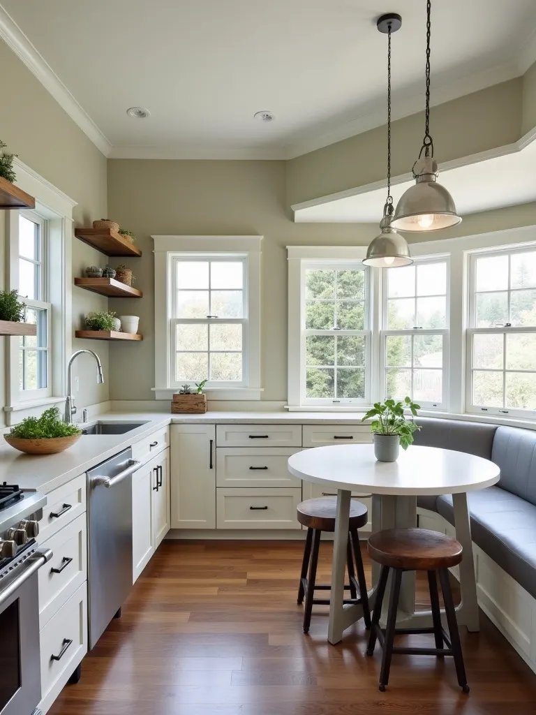 Corner view of U shaped kitchen featuring cohesive colors and breakfast nook