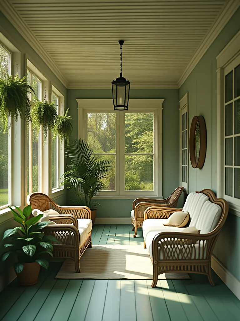 Cottage porch with sage green floor and cream ceiling in morning light