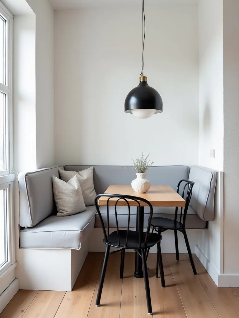 Cozy Scandinavian kitchen corner with upholstered banquette and mixed seating