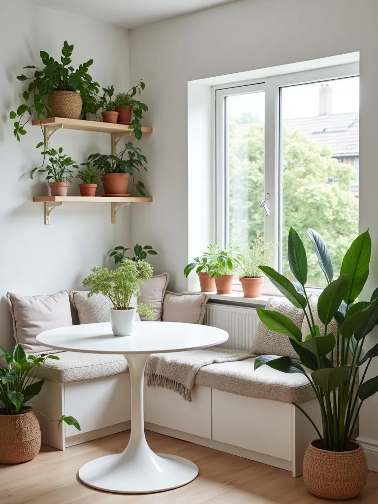 Cozy Scandinavian kitchen corner with white table and abundant plants