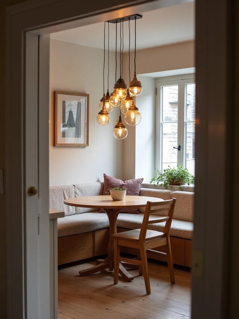 Cozy Scandinavian kitchen nook with cluster of mismatched pendant lights over wooden table