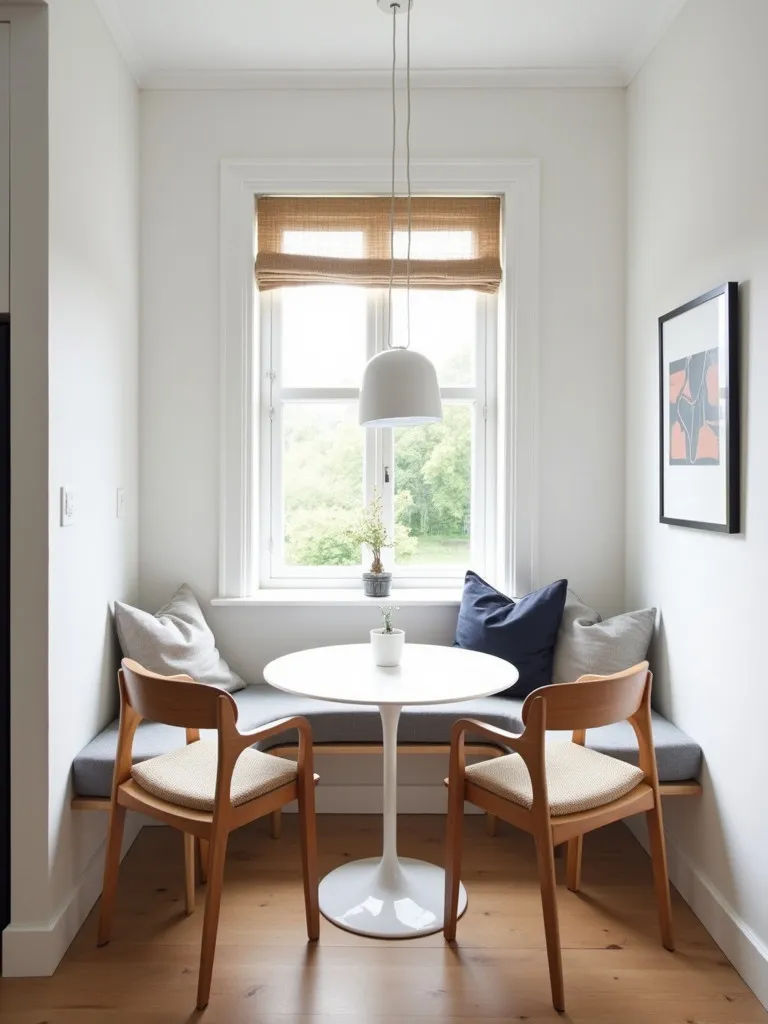 Cozy Scandinavian kitchen nook with round table and wooden chairs by a window