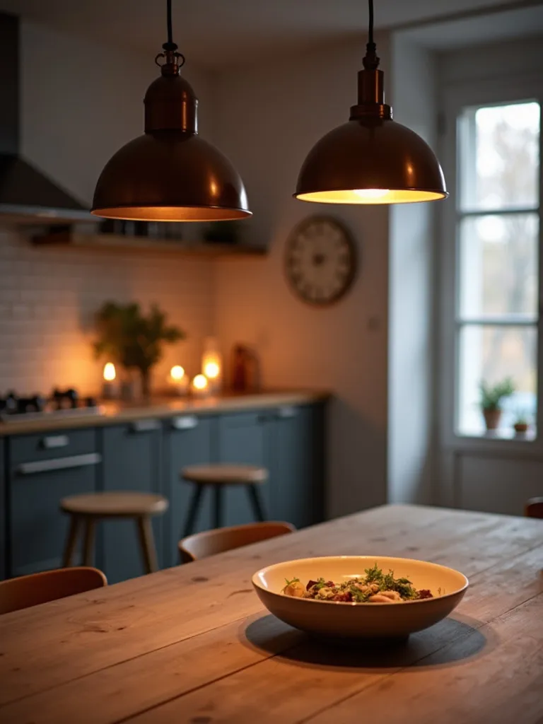 Cozy Scandinavian kitchen with large industrial copper pendant lights over wooden table