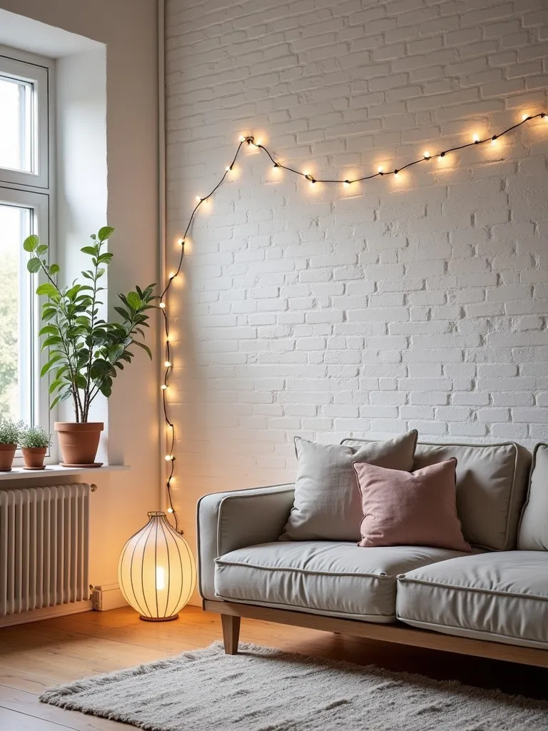 Cozy Scandinavian style living room with soft, warm lighting