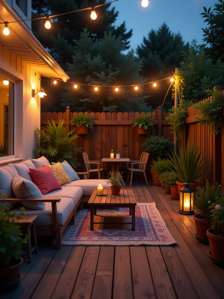 Cozy backyard patio with DIY deck, string lights, and potted plants at dusk