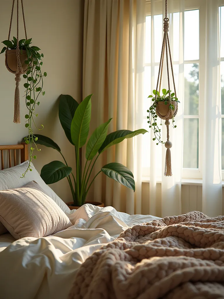 Cozy bedroom with macrame hangers and cascading plants