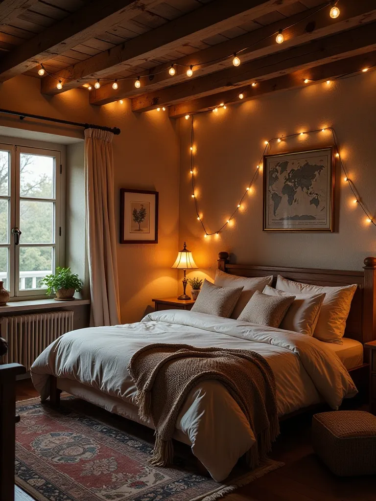 Cozy boho bedroom featuring wooden beams with string lights creating warm ambiance