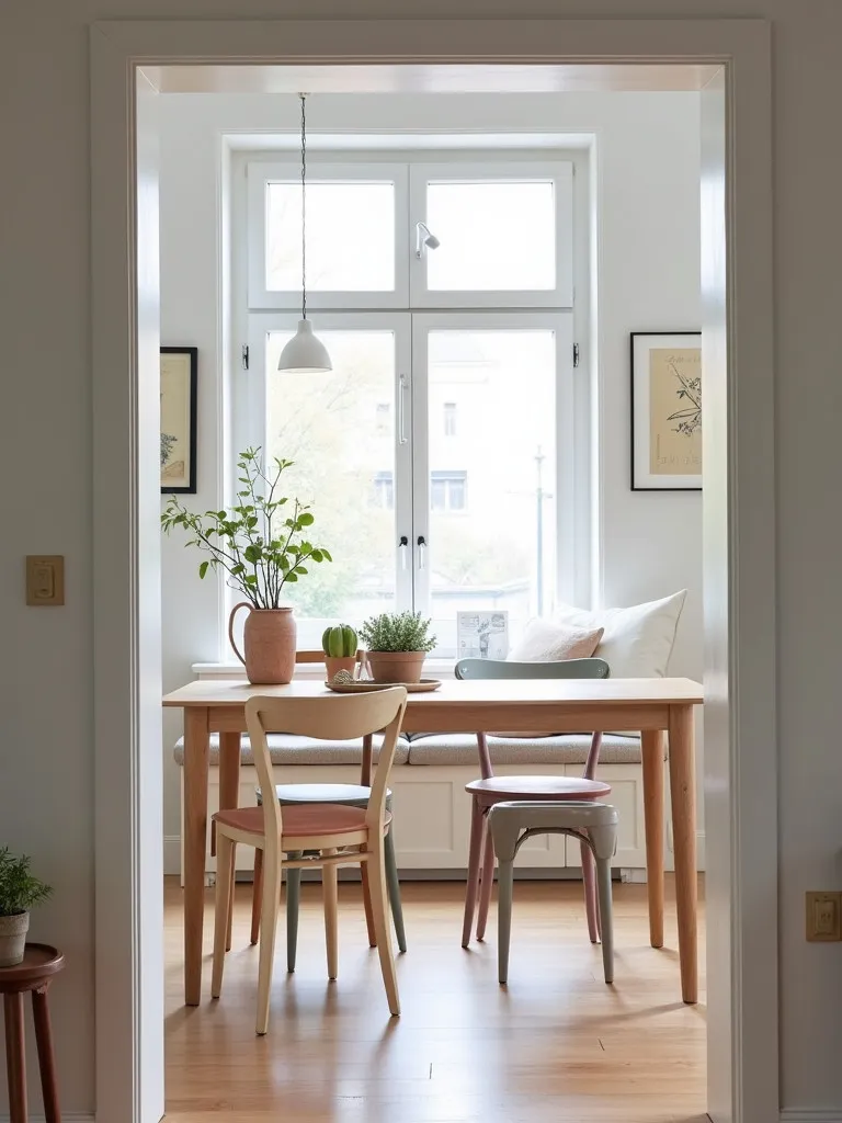 Cozy dining nook with light wood table, pastel chairs, and window seat