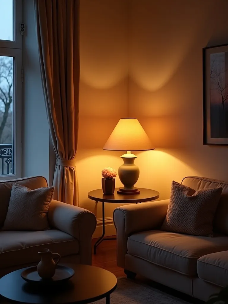 Cozy living room with diverse table lamps creating warm ambiance