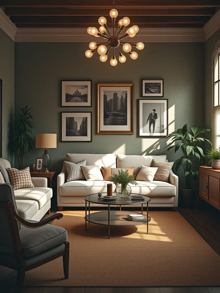 Cozy living room with mixed furniture styles and modern lighting