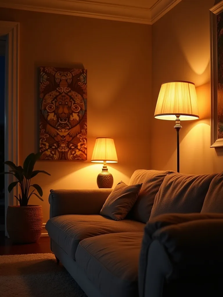 Cozy living room with warm ambient lighting from various lamps