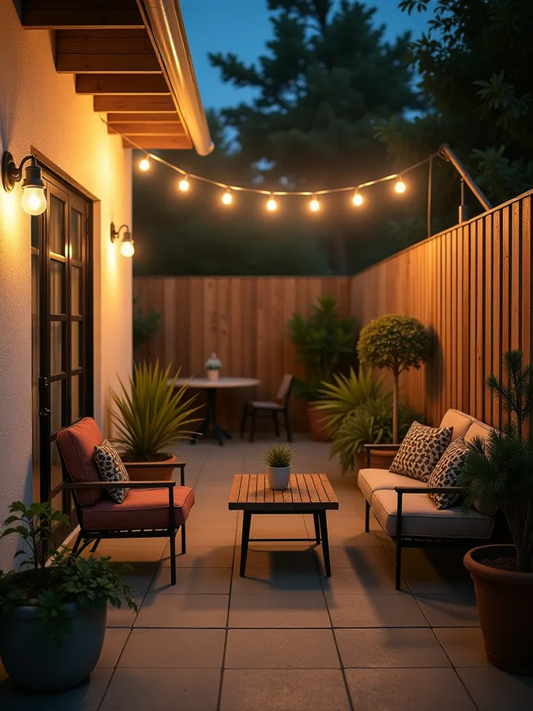 Cozy morning scene of a budget cottage patio with mason jar lanterns and flowers