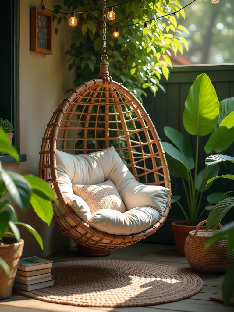 Cozy outdoor reading nook with hanging egg chair and potted plants