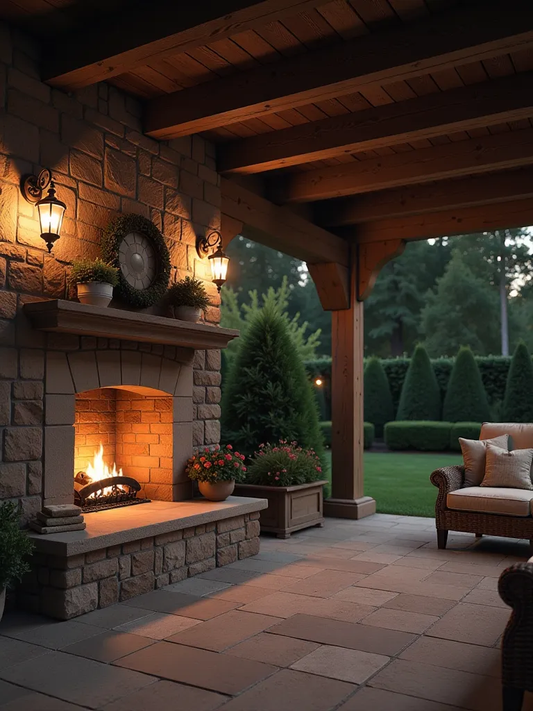 Cozy outdoor space with warm lantern lighting on stone and wood features