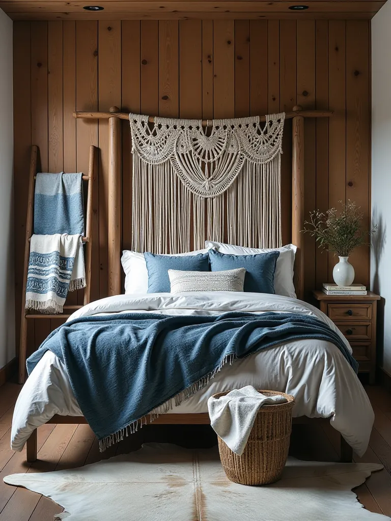 Cozy rustic bohemian bedroom with reclaimed wood and cowhide rug
