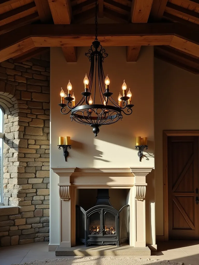 Cozy rustic living room featuring iron lighting fixtures