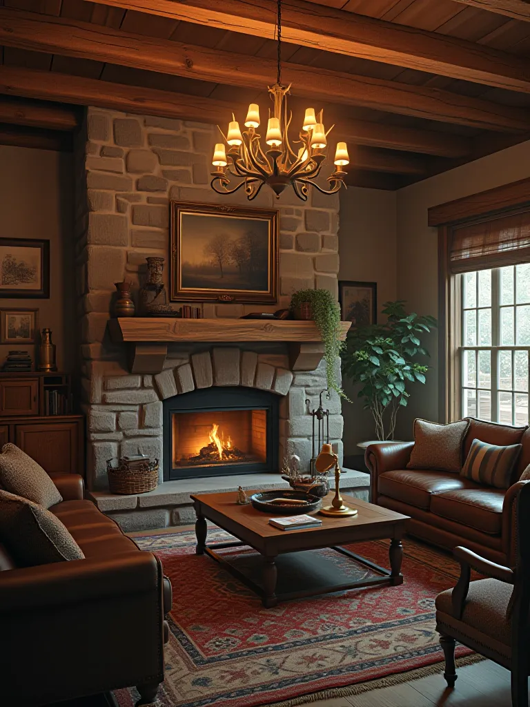 Cozy rustic living room with wooden beams, stone fireplace, and vintage furniture