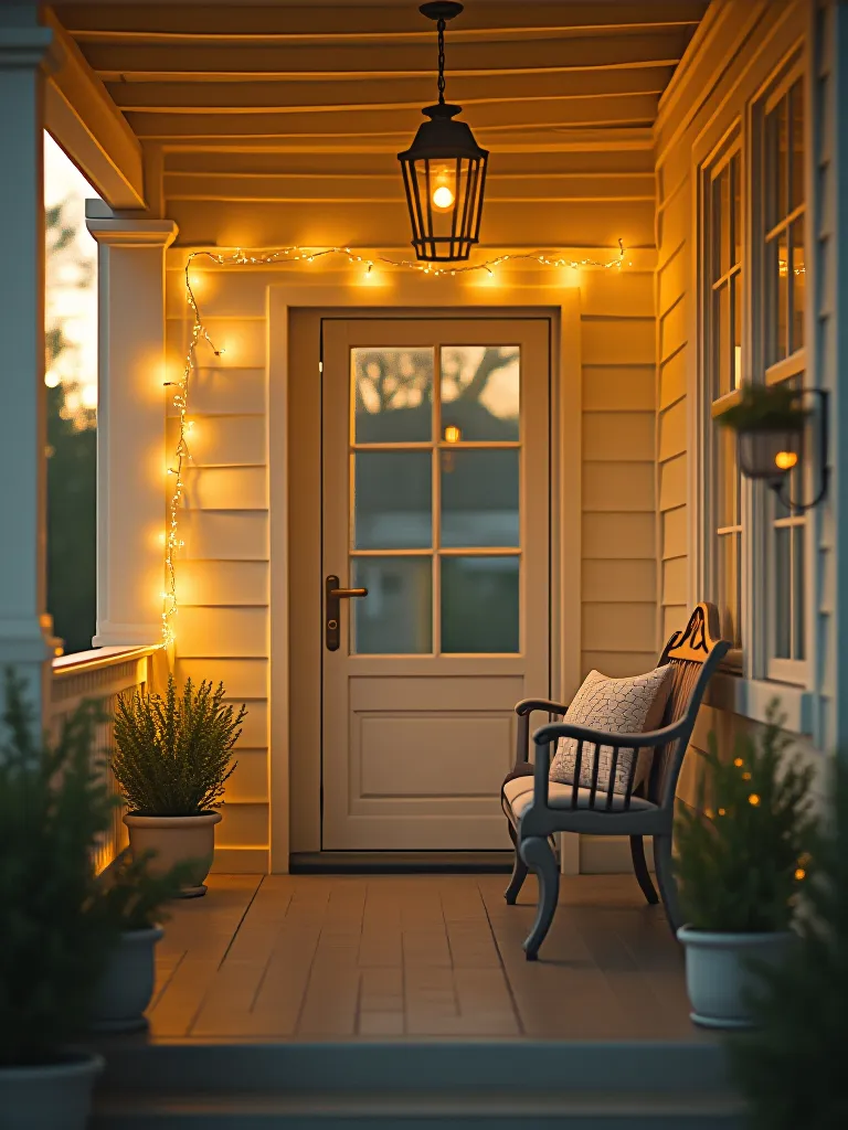 Cozy small porch with yellow walls and gray floor illuminated by fairy lights