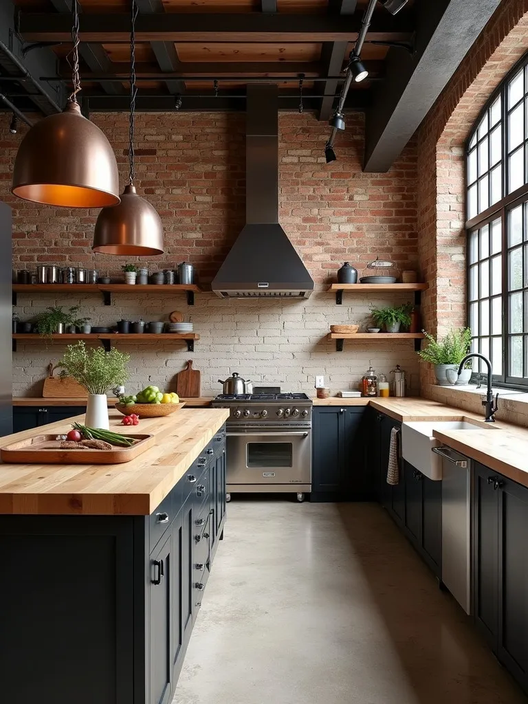 Diagonal view of industrial kitchen with brick wall, metal shelves, and butcher block island