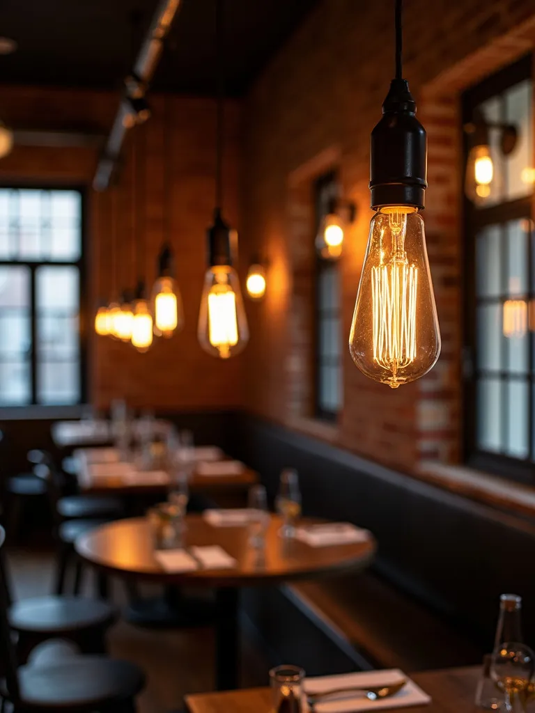 Dining area with metal track lighting system and exposed brick