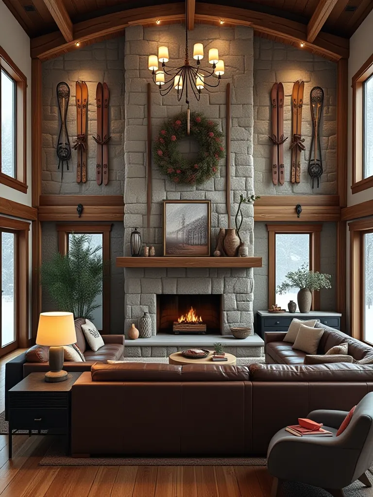 Double height rustic living room with stone wall and vintage ski decor