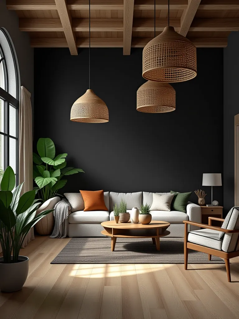 Dramatic living room with black wall, light wood, and woven lights