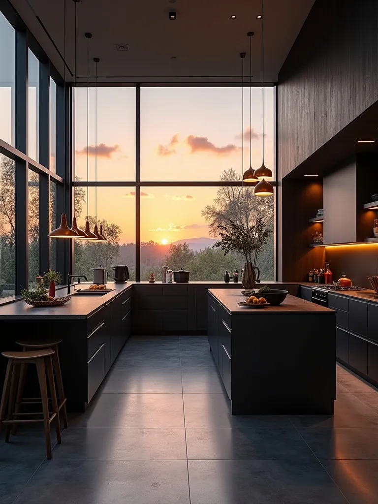 Dramatic sunset view of kitchen with glass walls and central island