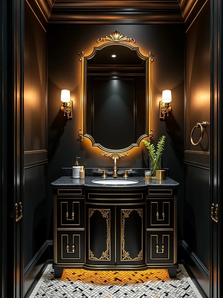 Dramatically lit art deco bathroom featuring geometric vanity and mirror