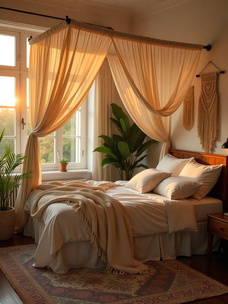 Dreamy bohemian bedroom with canopy bed and sunset glow