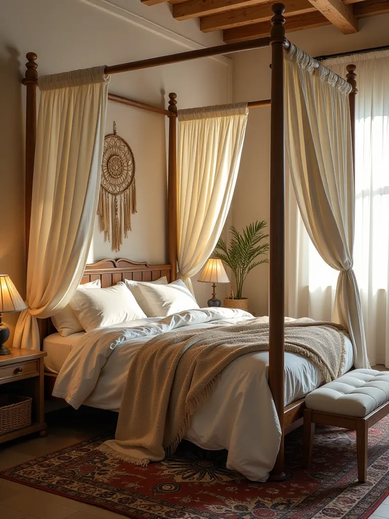 Dreamy boho bedroom featuring four poster bed and bohemian accents