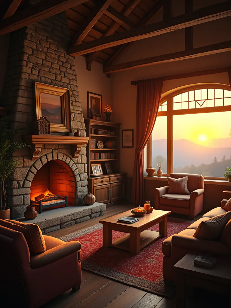 Earth toned rustic living room with natural light and textures