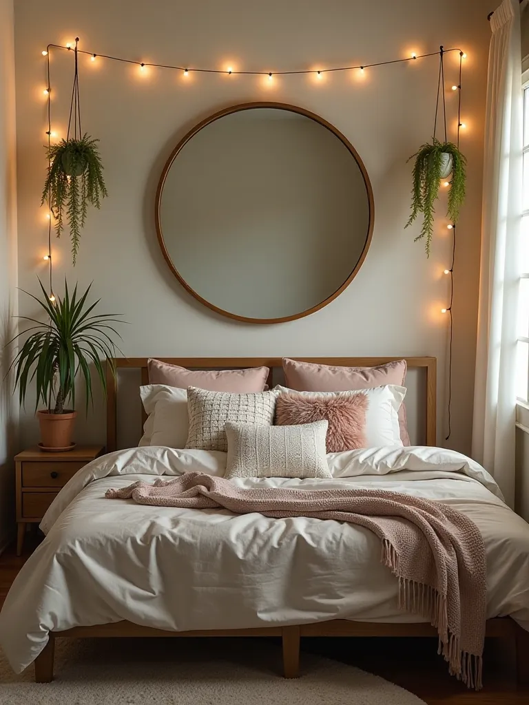 Eclectic boho bedroom with large mirror, plants, and diverse pillows