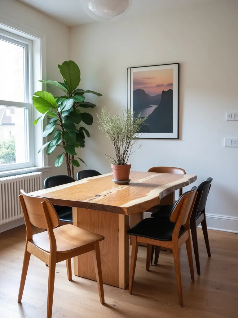 Eclectic dining room with live edge table and mismatched modern chairs