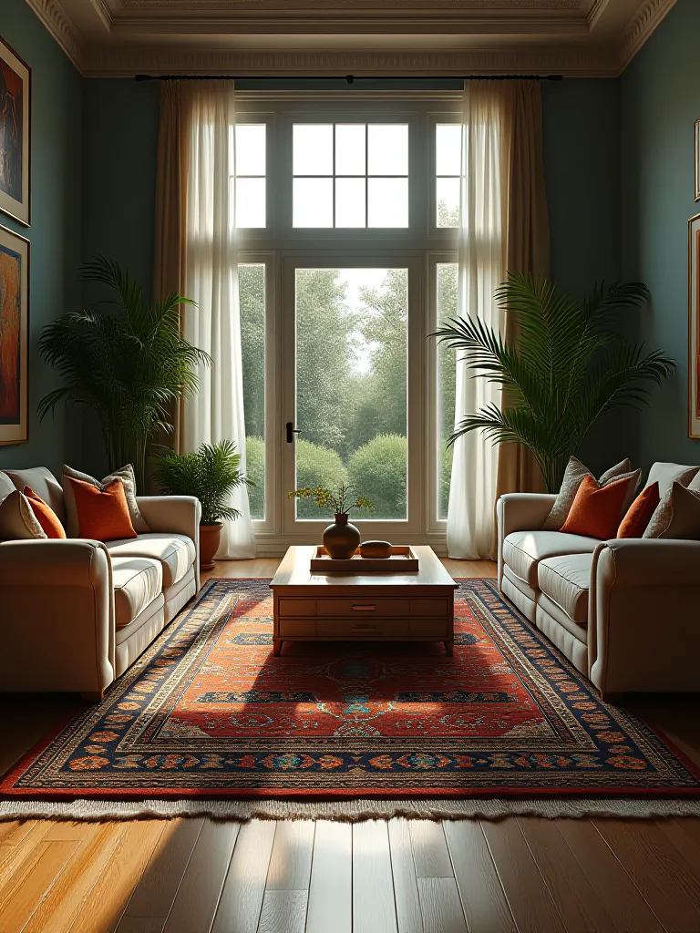 Eclectic living room with layered sisal and Moroccan rugs
