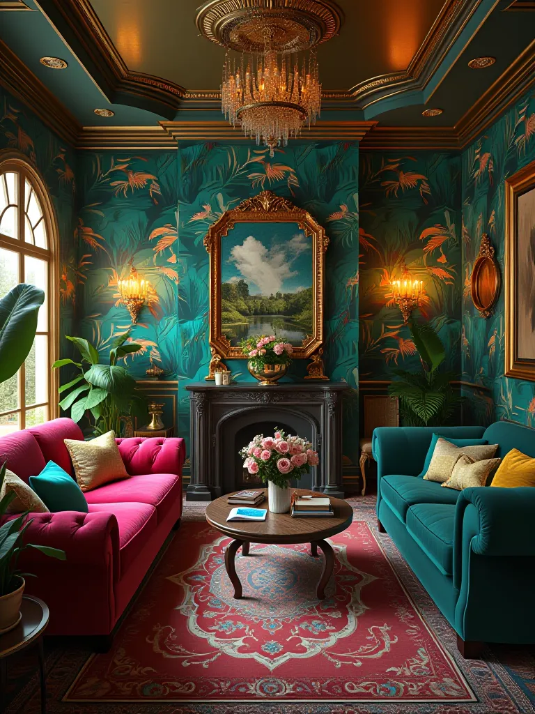 Eclectic living room with tropical wallpaper and jewel toned furniture