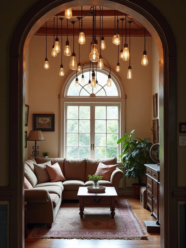Eclectic living room with various hanging pendant lights