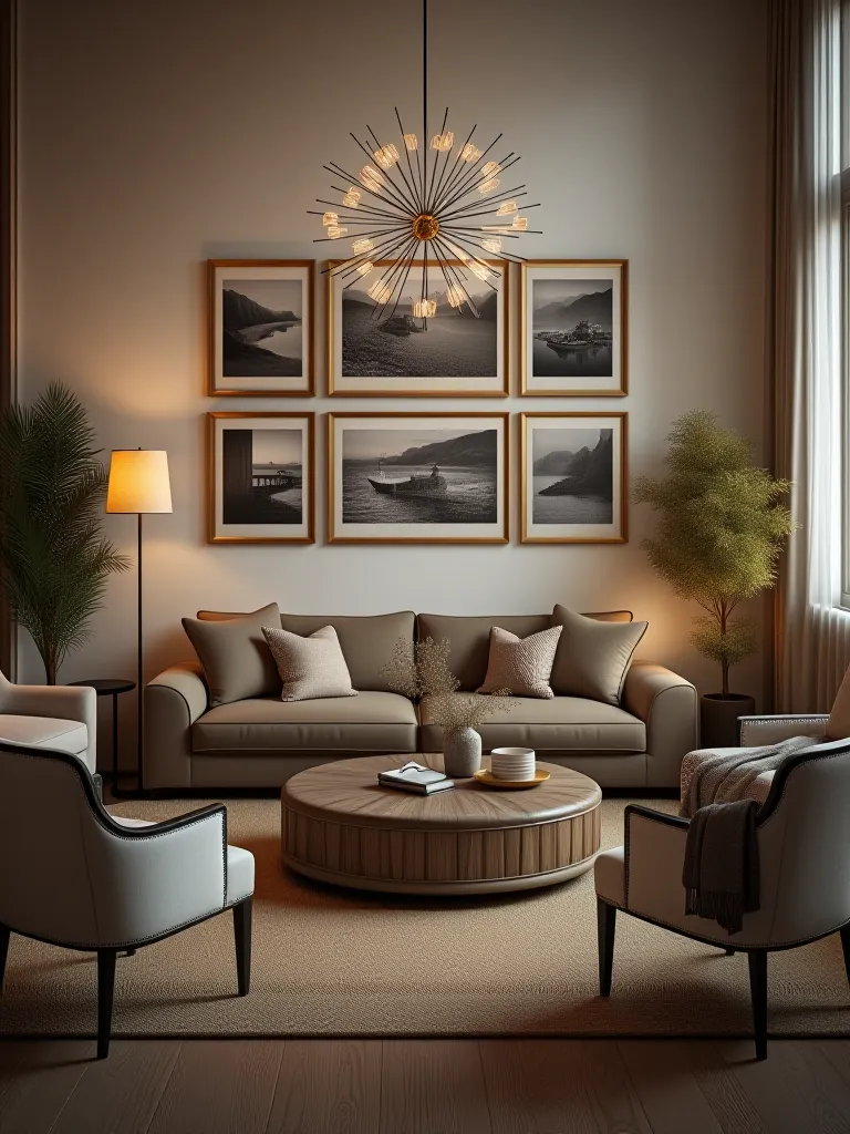 Eclectic living room with vintage and modern furniture, gallery wall