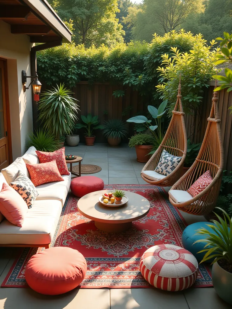 Eclectic outdoor lounge with bohemian inspired furniture and textiles