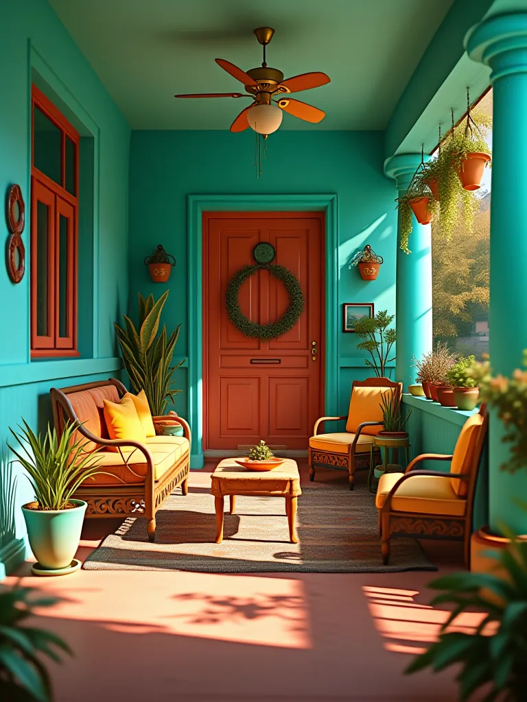 Eclectic porch with turquoise paint, colorful furniture, and hanging plants