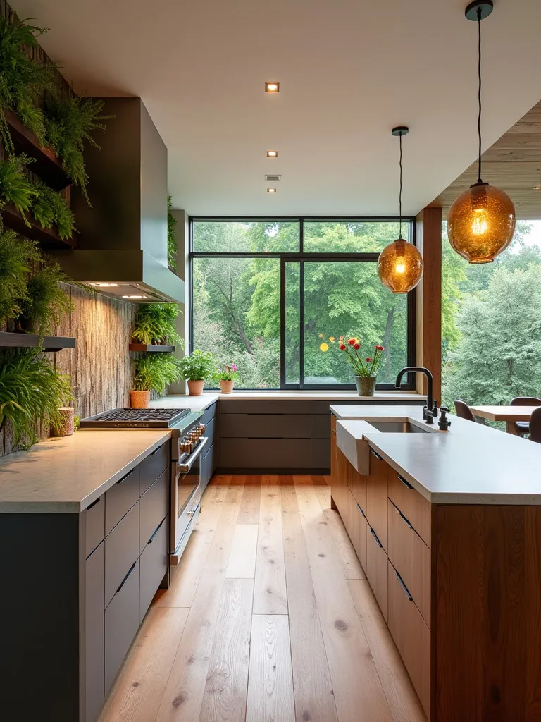 Eco conscious open kitchen with herb wall and sustainable materials