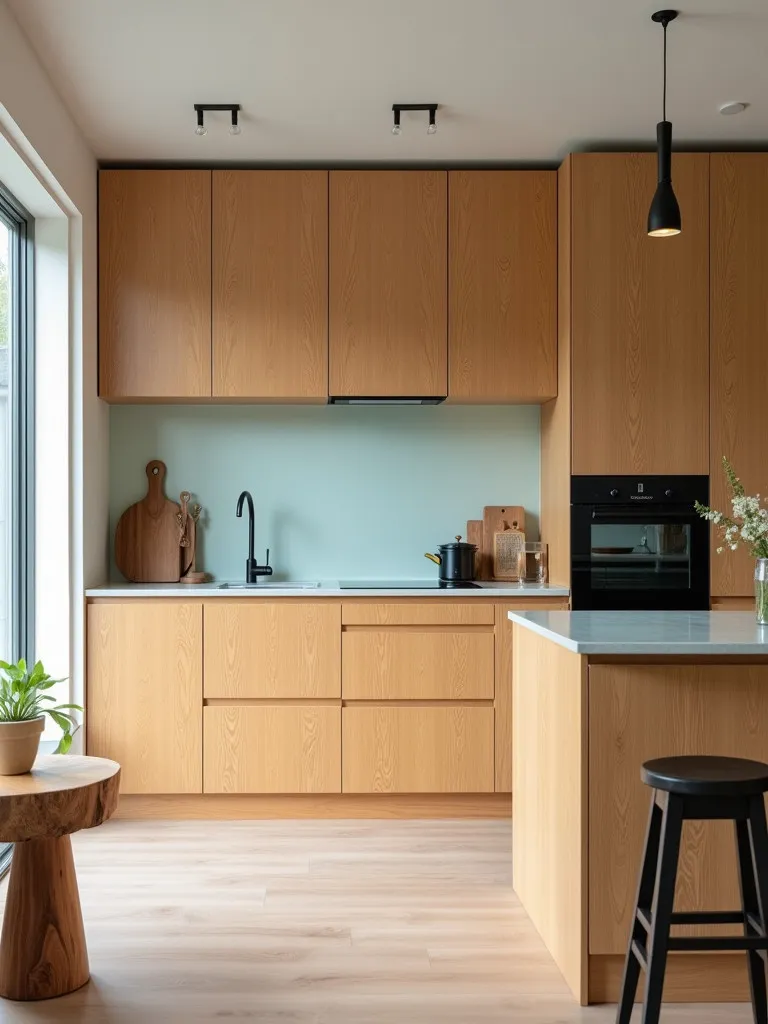Eco friendly Scandinavian kitchen with bamboo cabinets and reclaimed wood furniture