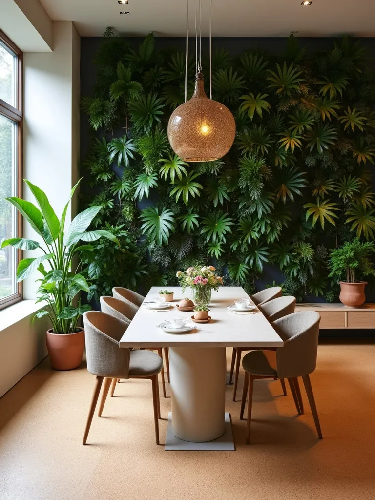 Eco friendly dining area with plant wall and sustainable furniture