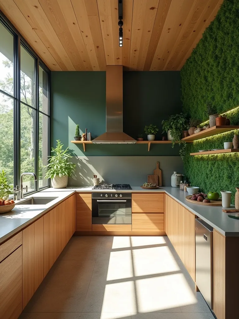 Eco friendly kitchen with sustainable materials and living wall in daylight