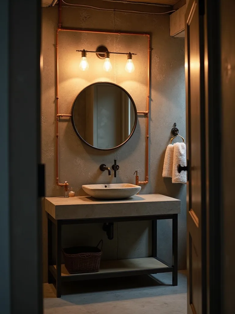 Edgy bathroom featuring exposed copper pipe lighting fixtures