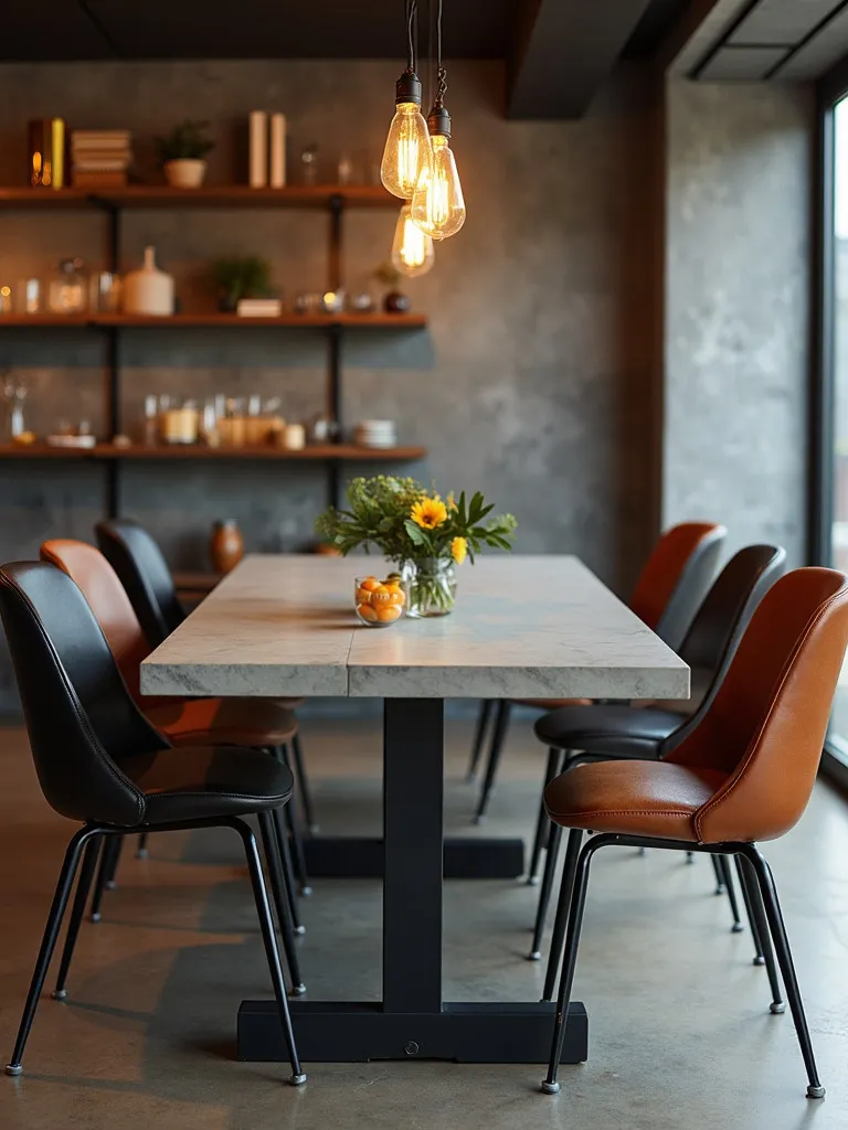 Edgy dining area featuring concrete table with metal and leather seating