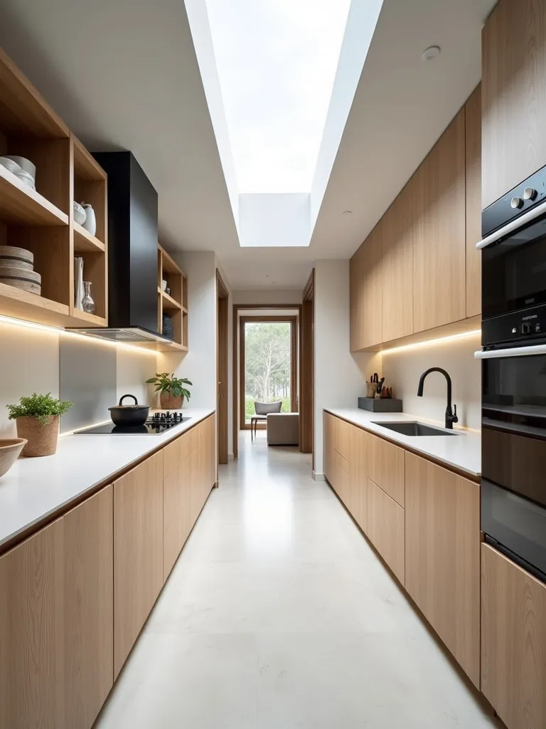 Efficient galley kitchen with integrated appliances and skylight, viewed from end to end