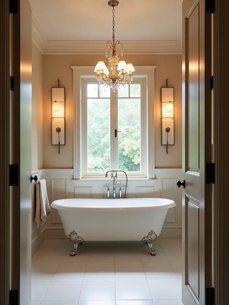 Elegant bathroom featuring art deco lighting and clawfoot tub