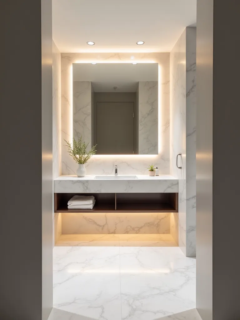 Elegant bathroom with soft lighting and marble surfaces