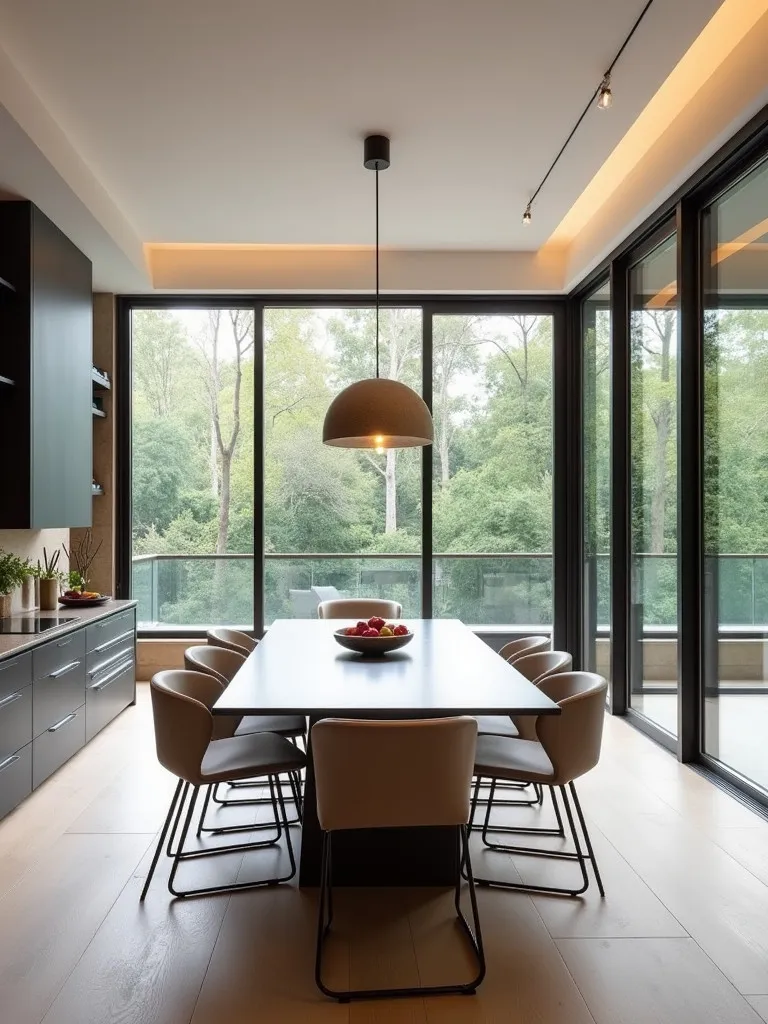 Elegant contemporary dining room with large windows and modern furniture