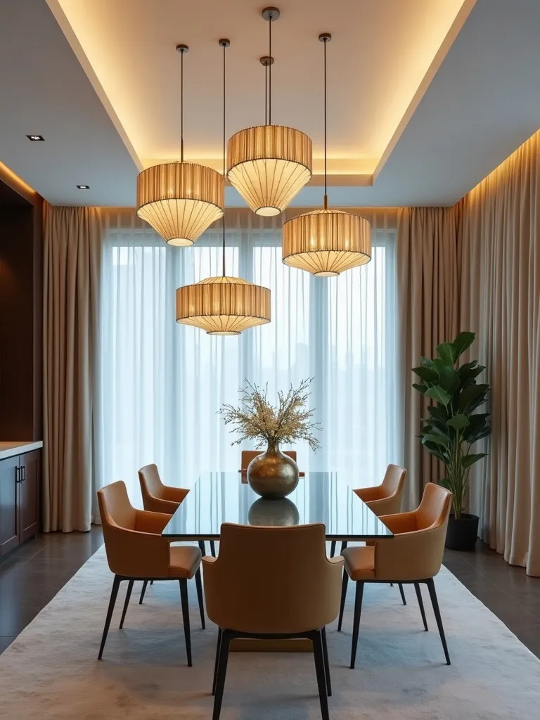 Elegant dining area featuring cluster of brass geometric pendant lights